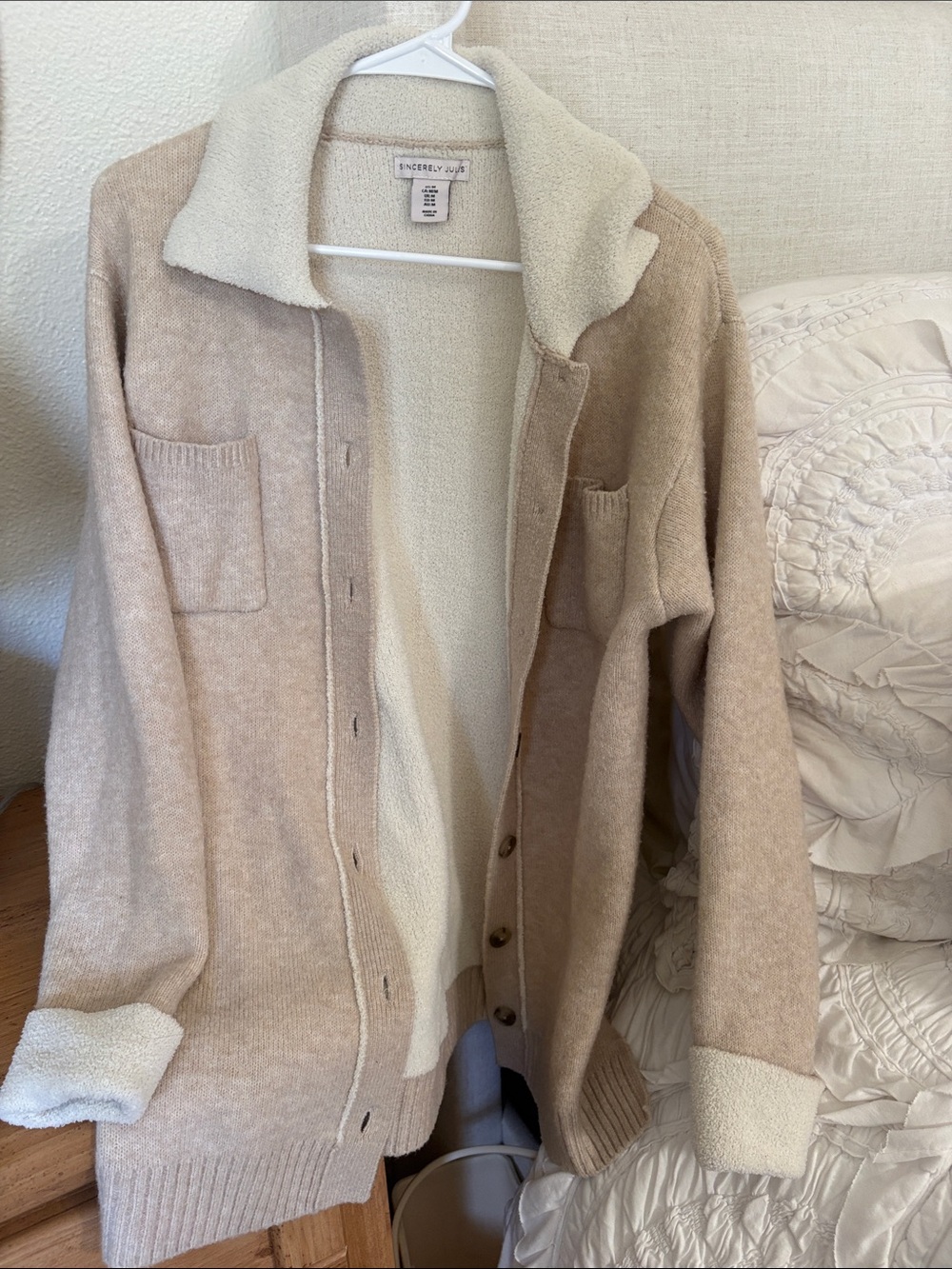 Women's Beige Sherpa-Lined Long Jacket/Cardigan